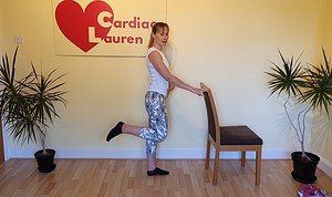 Standing balance exercise hamstring curl balance on one leg holding chair good posture